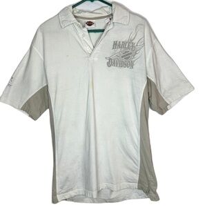 Harley Davidson Thrashed Collared Biker Motorcycle Shirt Cream Tan Logo Large